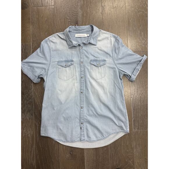 Vintage 90s CK Calvin Klein Jeans Denim Button Shirt Pockets Men Large Faded - Picture 1 of 7
